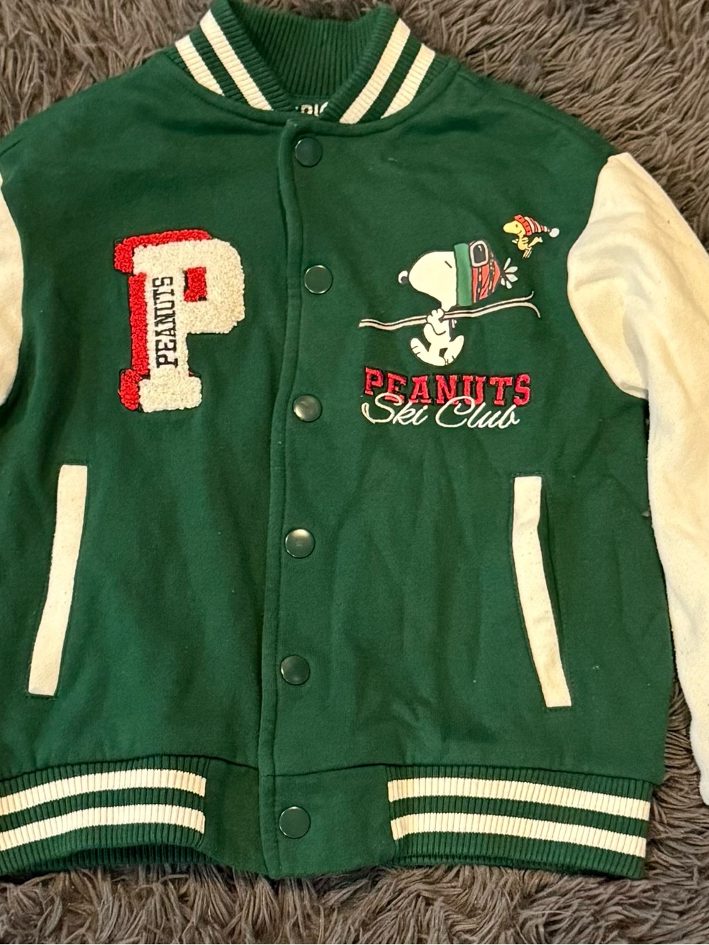 Epic Threads Green and Cream Peanuts Ski Club Varsity Jacket
